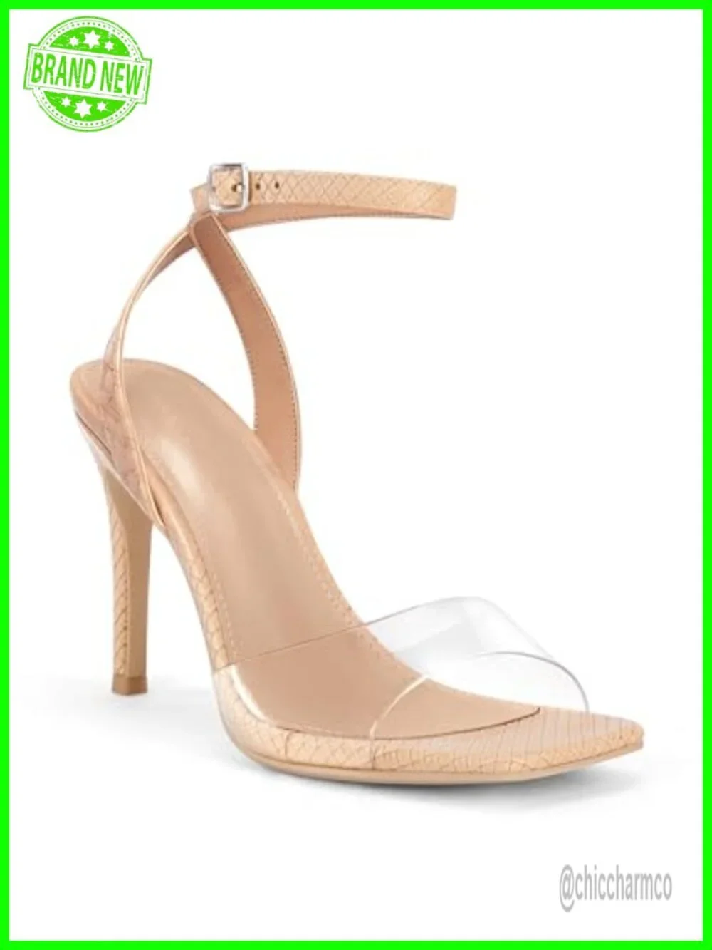 Clear Heels Sandals Square Toe Stiletto Dress Shoes Ankle Strap Faux Leather PVC